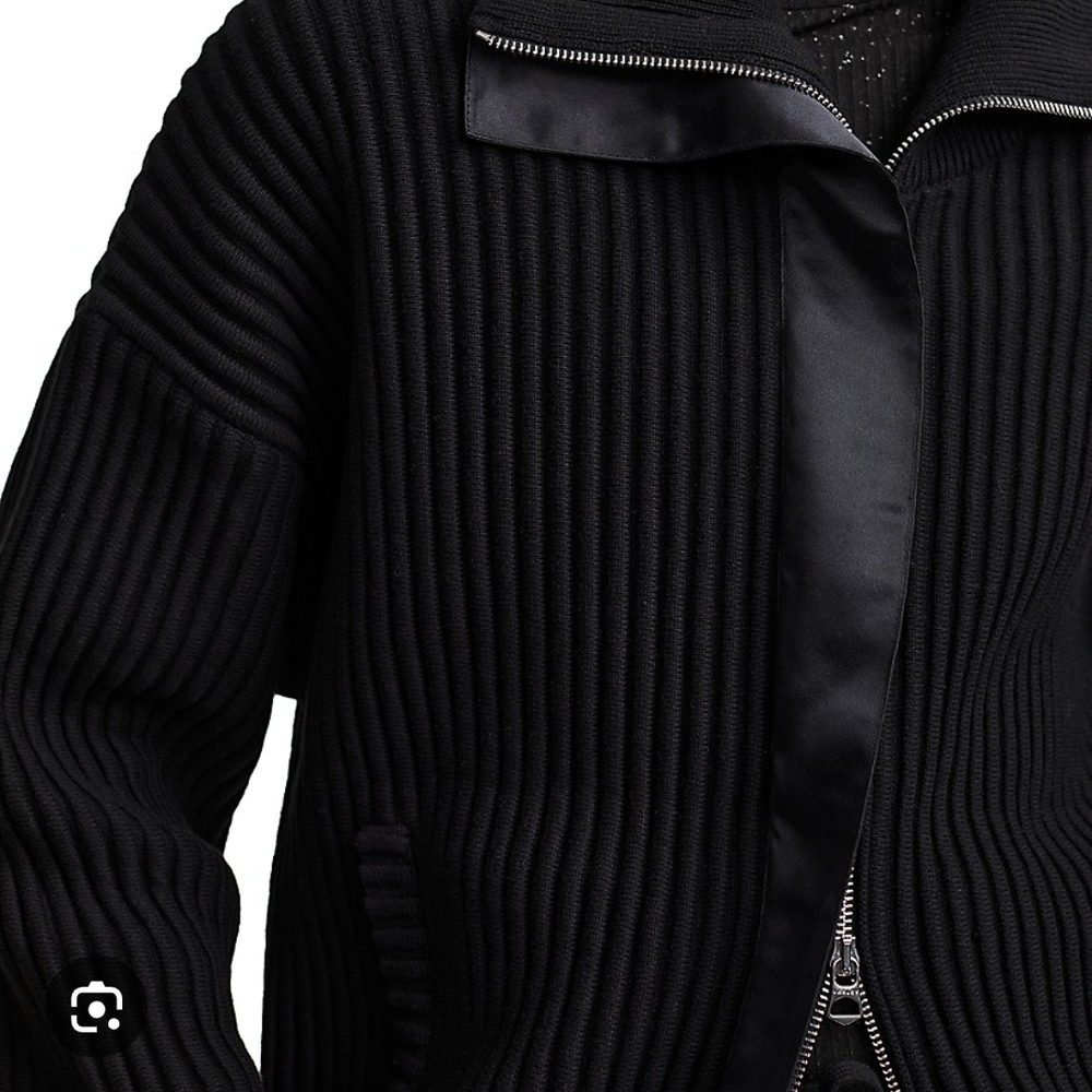 Varley Black Ribbed Zip-Up Satin-Trim Cardigan